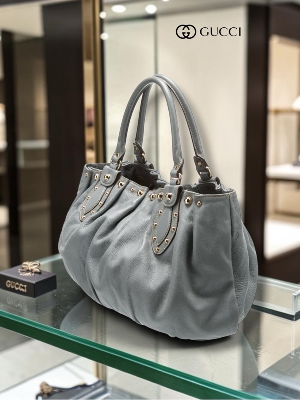 AUTHENTIC GUCCI PELAM GRAY STUDDED LEATHER SHOULDER BAG LARGE SLOUCHY GOLD HW - Picture 3 of 12